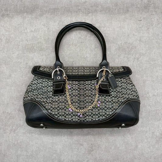 COACH Hand Bag Tote Purse Signature soho flap Canvas Leather Black Authentic