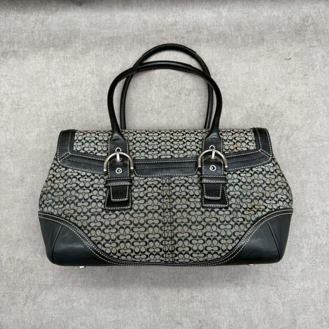 COACH Hand Bag Tote Purse Signature soho flap Canvas Leather Black Authentic