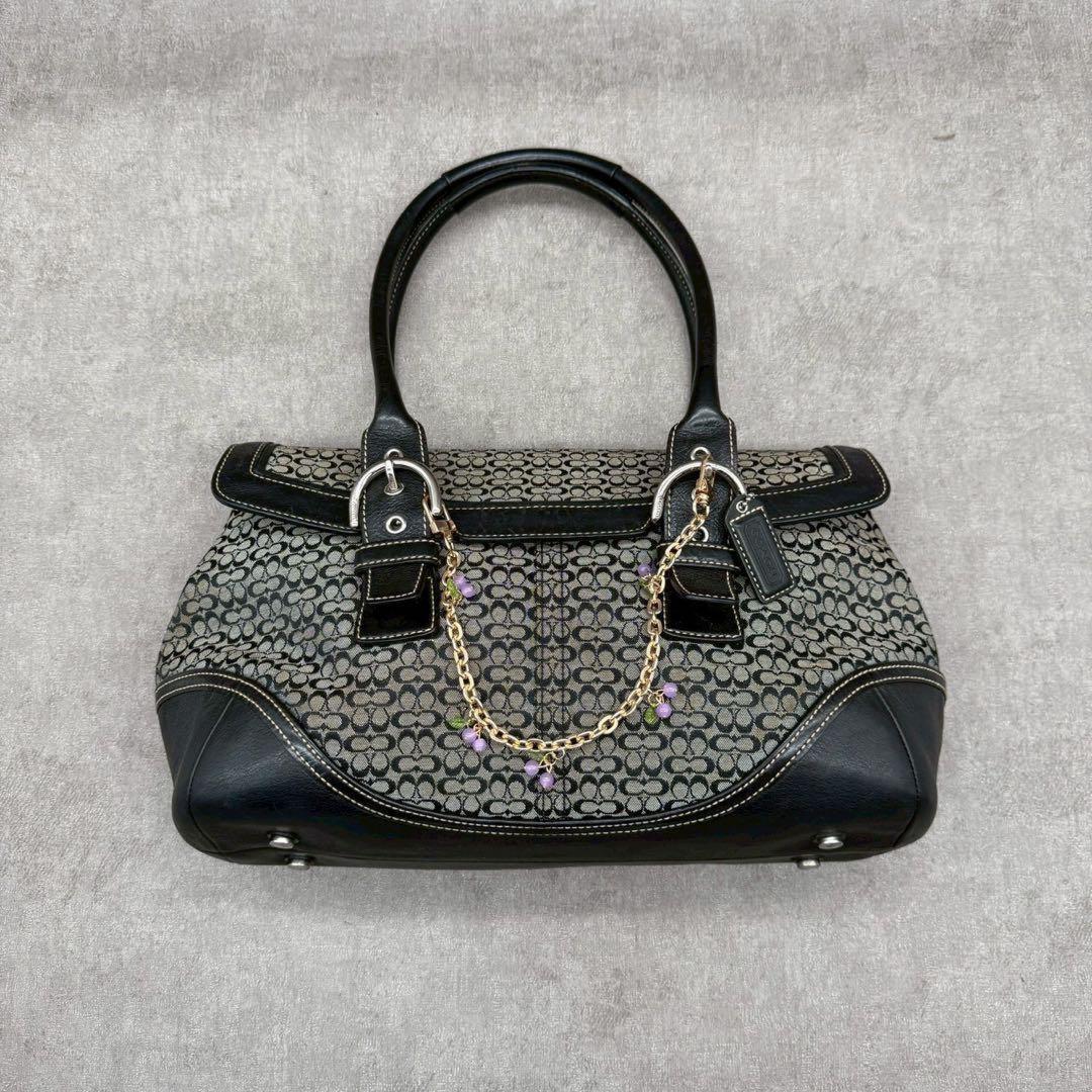 COACH Hand Bag Tote Purse Signature soho flap Canvas Leather Black Authentic