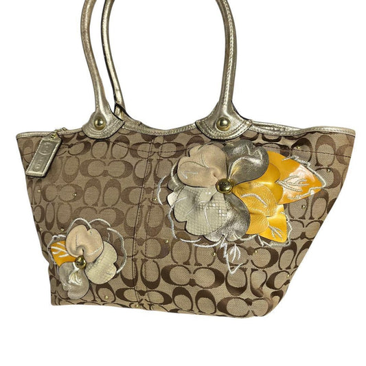 COACH Hand Bag Tote Purse Signature Jacquard Leather Beige Authentic