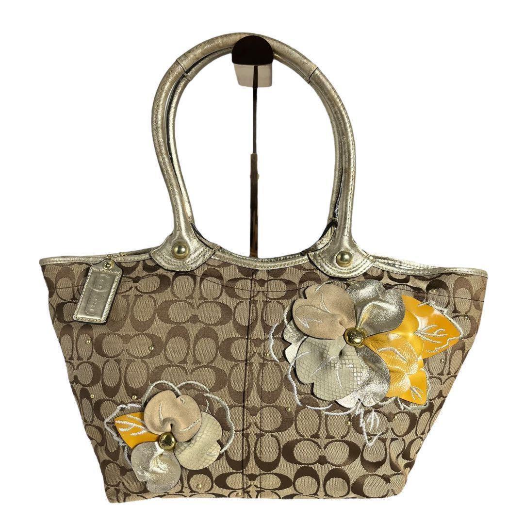 COACH Hand Bag Tote Purse Signature Jacquard Leather Beige Authentic