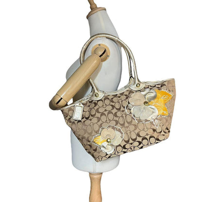 COACH Hand Bag Tote Purse Signature Jacquard Leather Beige Authentic