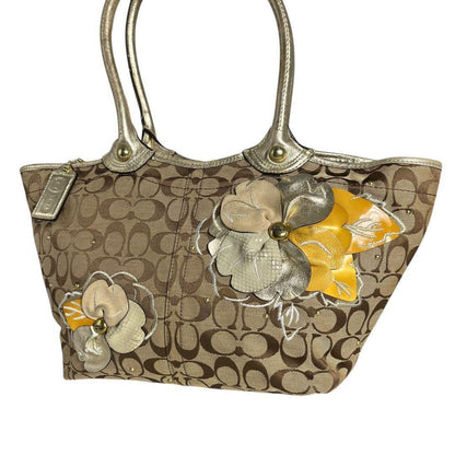 COACH Hand Bag Tote Purse Signature Jacquard Leather Beige Authentic