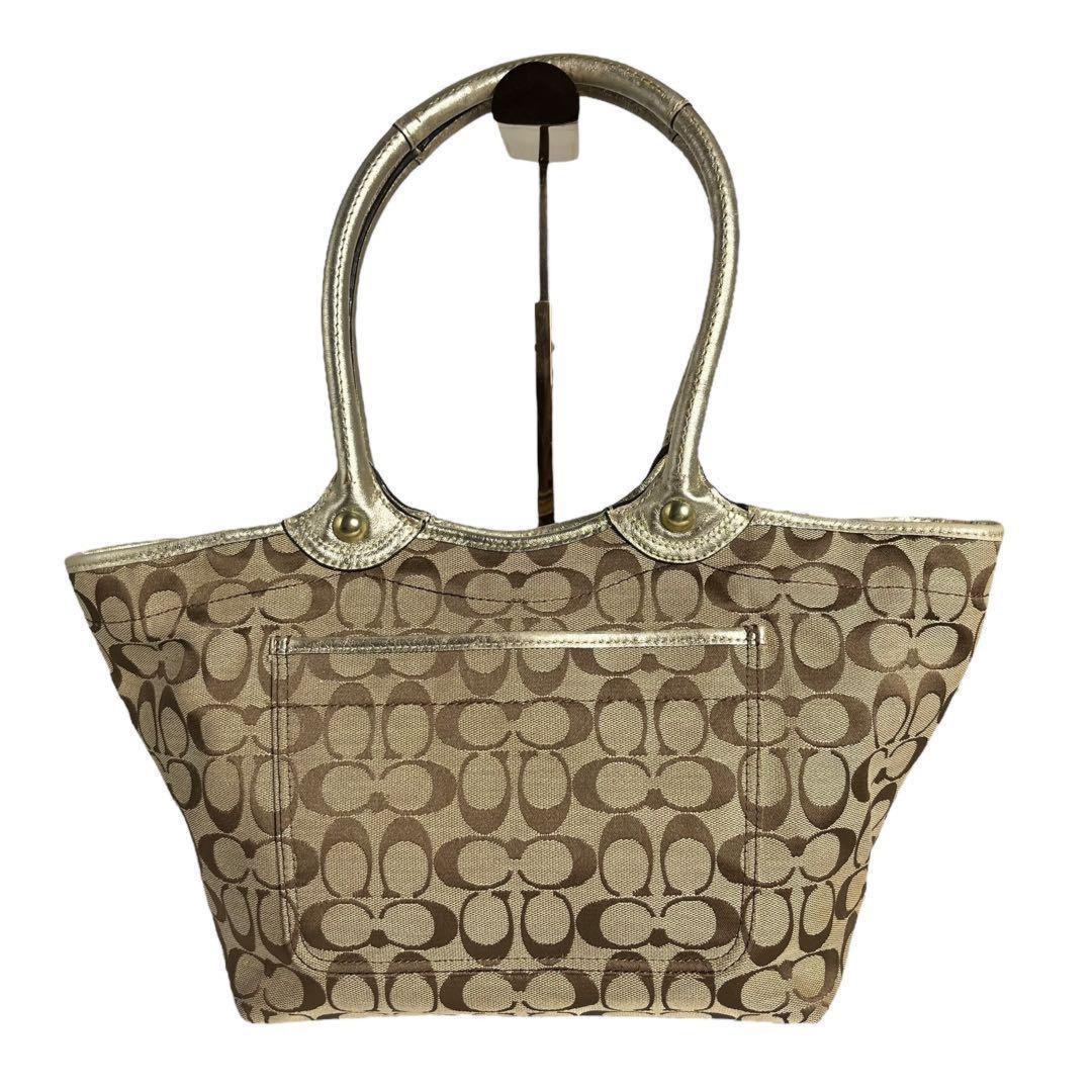 COACH Hand Bag Tote Purse Signature Jacquard Leather Beige Authentic