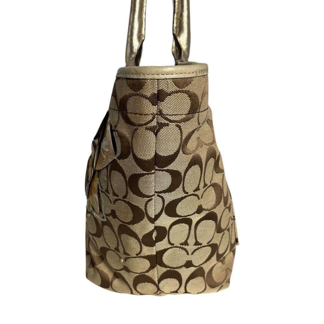 COACH Hand Bag Tote Purse Signature Jacquard Leather Beige Authentic