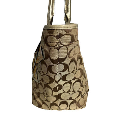 COACH Hand Bag Tote Purse Signature Jacquard Leather Beige Authentic