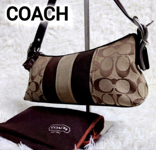 COACH Accessory Pouch Shoulder Bag Purse Signature Suede Canvas Beige Brown Auth