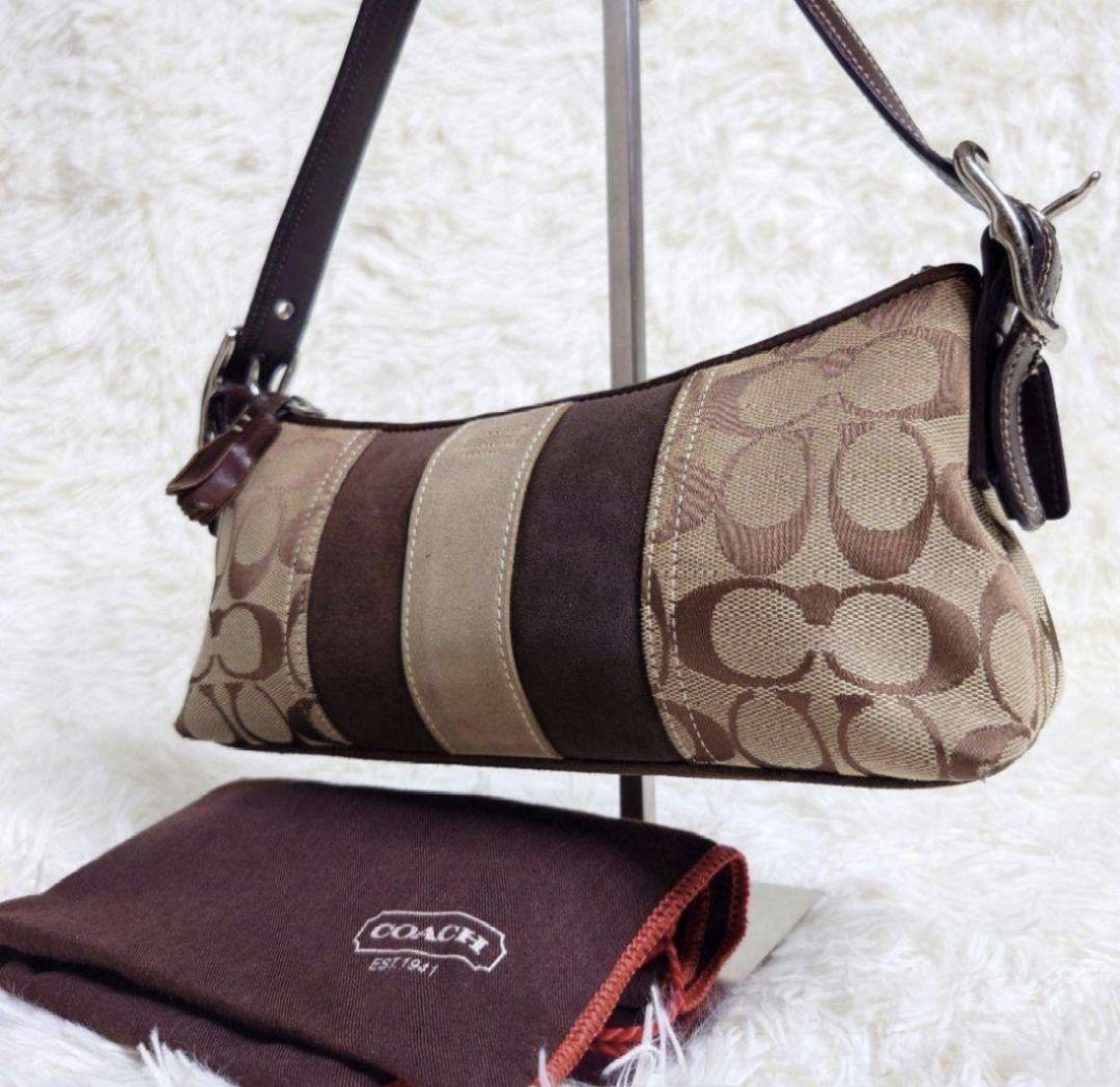 COACH Accessory Pouch Shoulder Bag Purse Signature Suede Canvas Beige Brown Auth
