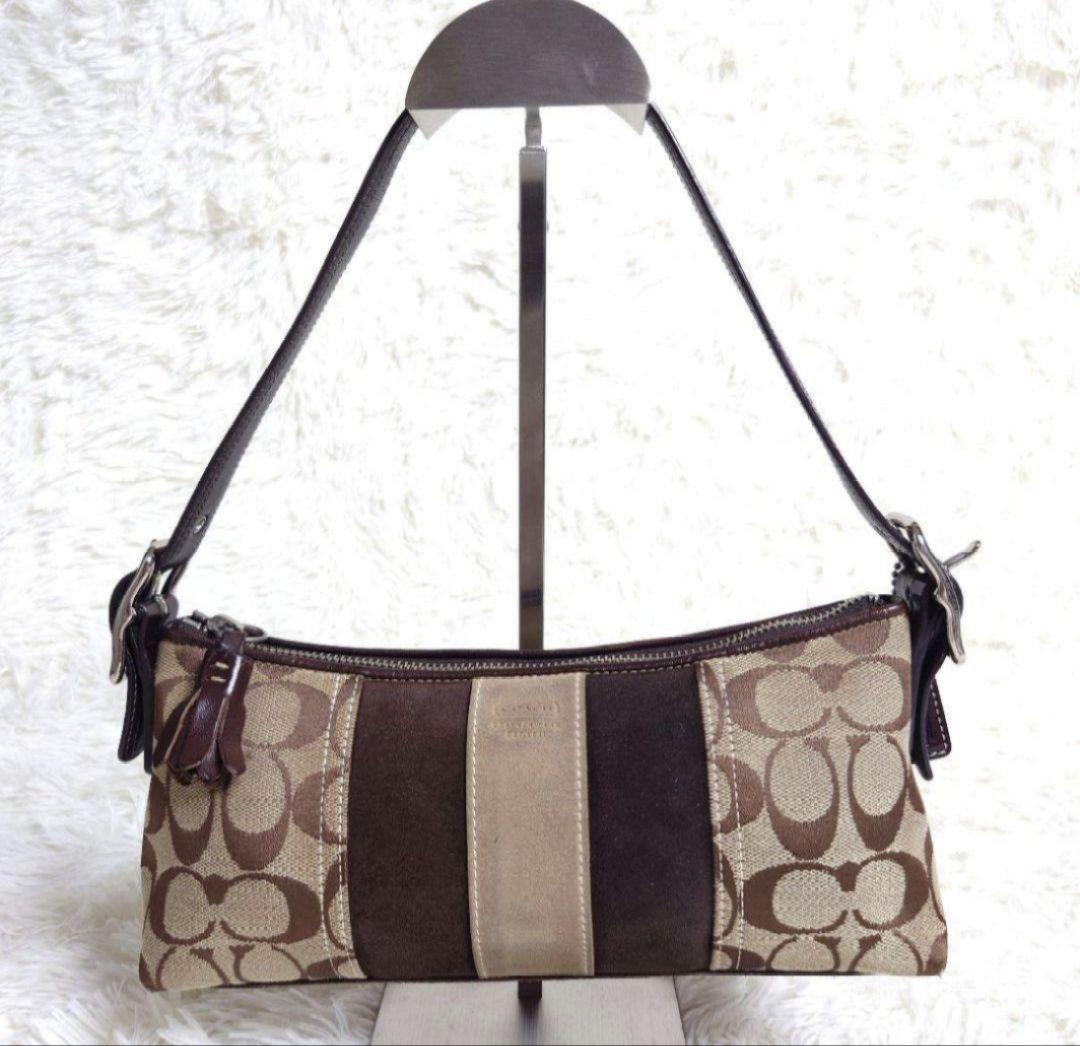 COACH Accessory Pouch Shoulder Bag Purse Signature Suede Canvas Beige Brown Auth