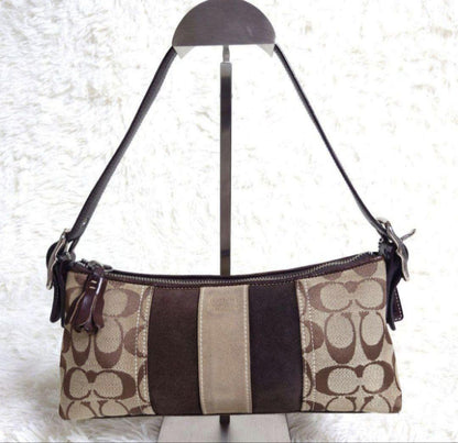 COACH Accessory Pouch Shoulder Bag Purse Signature Suede Canvas Beige Brown Auth
