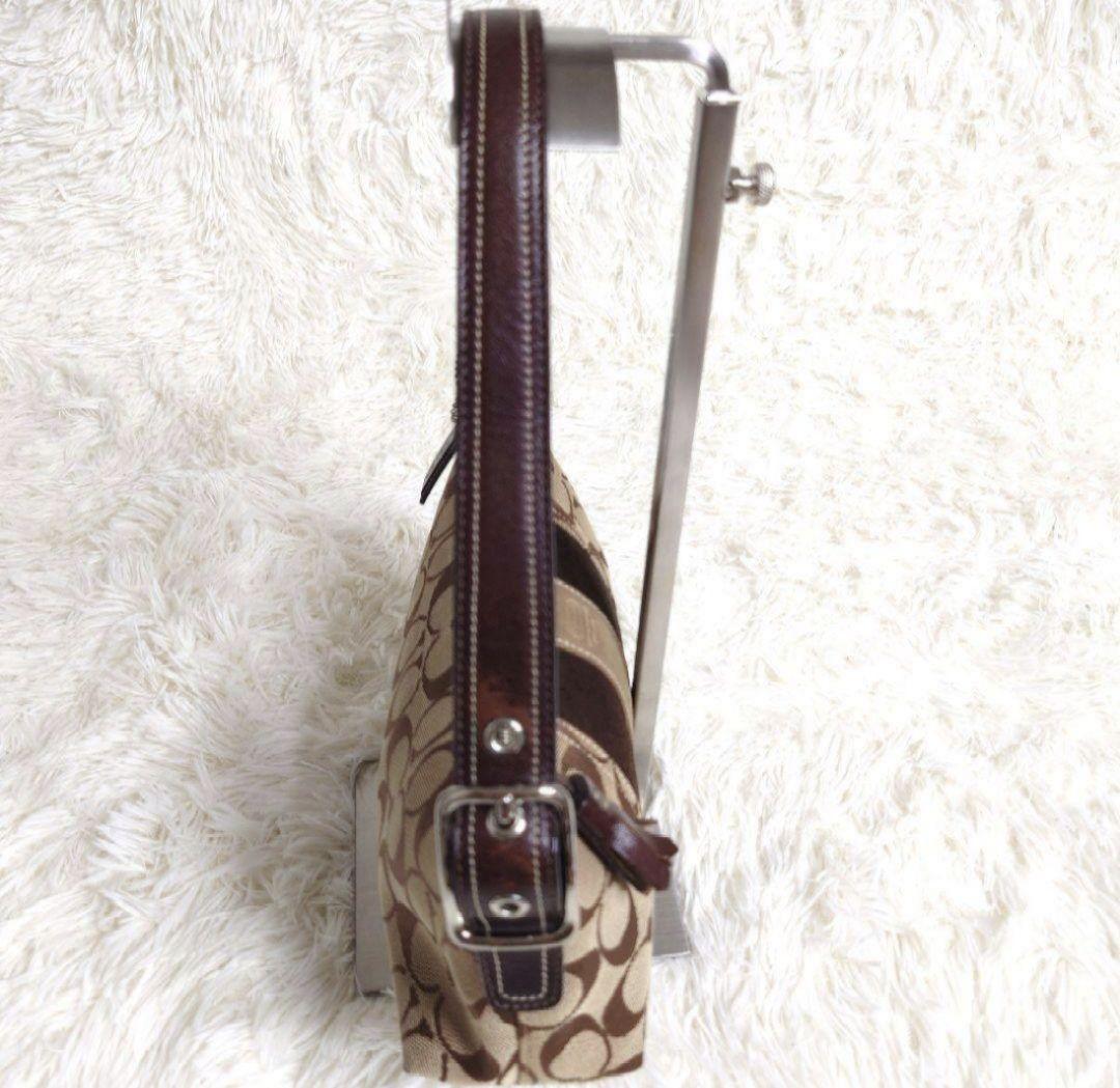 COACH Accessory Pouch Shoulder Bag Purse Signature Suede Canvas Beige Brown Auth