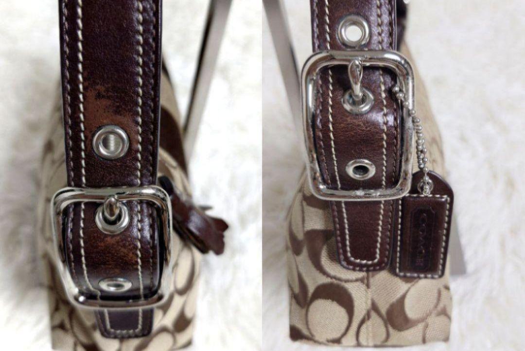 COACH Accessory Pouch Shoulder Bag Purse Signature Suede Canvas Beige Brown Auth