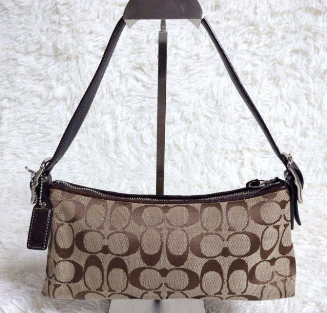 COACH Accessory Pouch Shoulder Bag Purse Signature Suede Canvas Beige Brown Auth