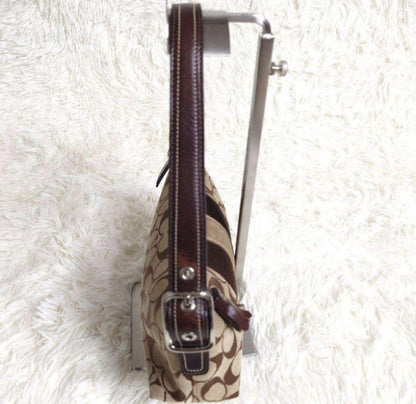 COACH Accessory Pouch Shoulder Bag Purse Signature Suede Canvas Beige Brown Auth