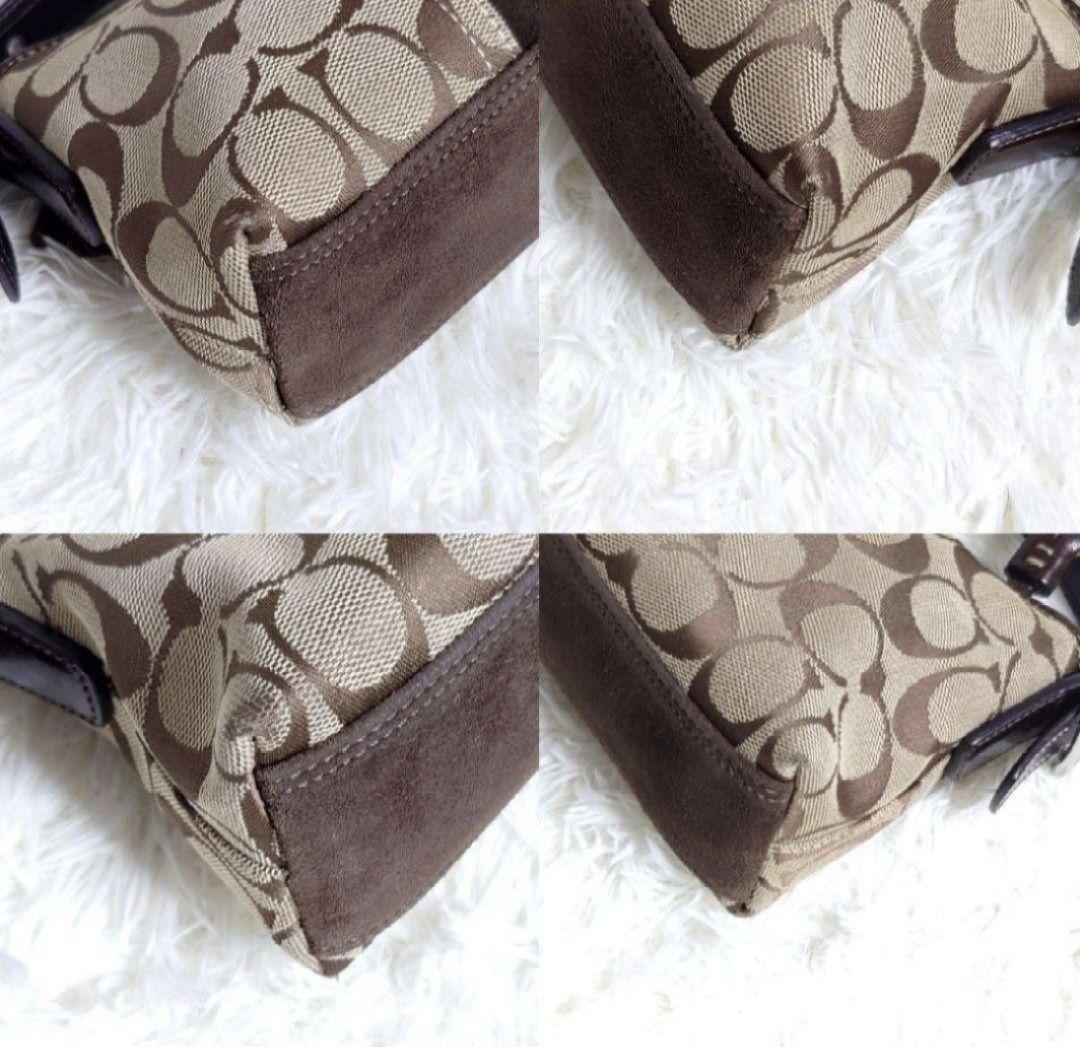 COACH Accessory Pouch Shoulder Bag Purse Signature Suede Canvas Beige Brown Auth