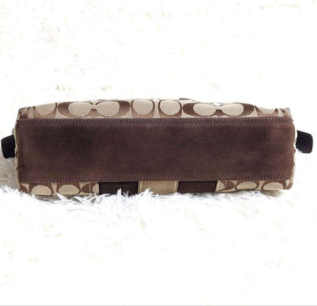 COACH Accessory Pouch Shoulder Bag Purse Signature Suede Canvas Beige Brown Auth