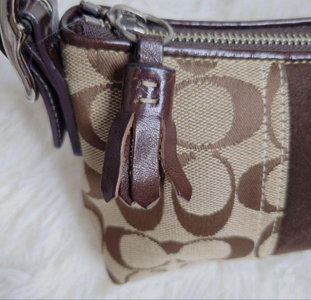 COACH Accessory Pouch Shoulder Bag Purse Signature Suede Canvas Beige Brown Auth