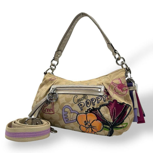 COACH Hand Shoulder Bag Tote Purse 2way poppy Signature Canvas Gold Authentic
