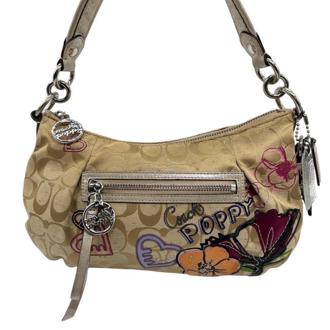 COACH Hand Shoulder Bag Tote Purse 2way poppy Signature Canvas Gold Authentic