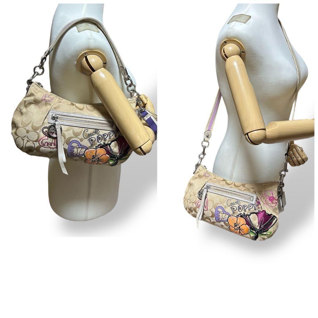 COACH Hand Shoulder Bag Tote Purse 2way poppy Signature Canvas Gold Authentic