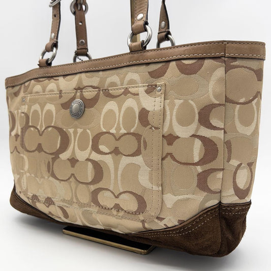 COACH Hand Bag Tote Purse Signature 10146 Canvas Suede Beige Brown Authentic