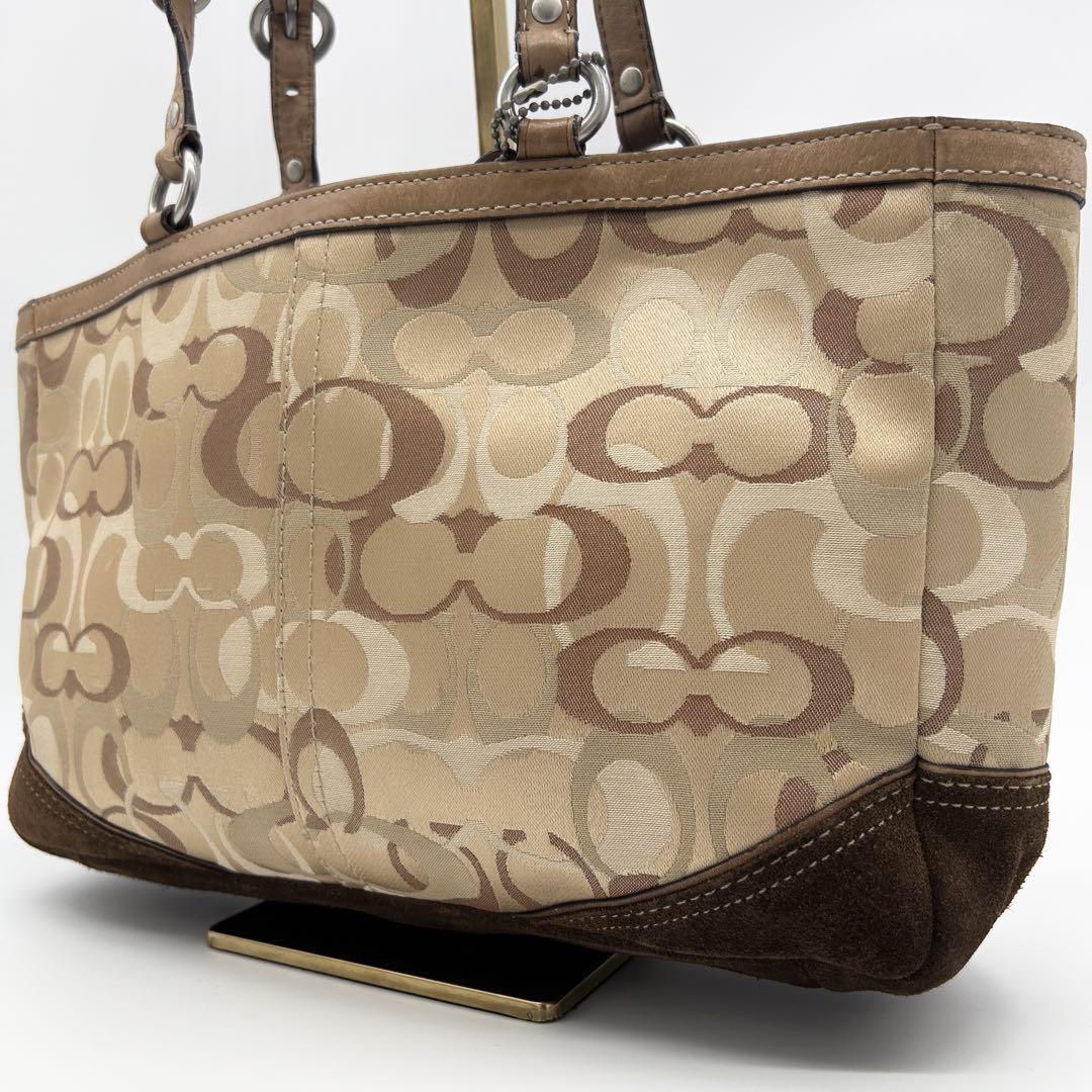COACH Hand Bag Tote Purse Signature 10146 Canvas Suede Beige Brown Authentic