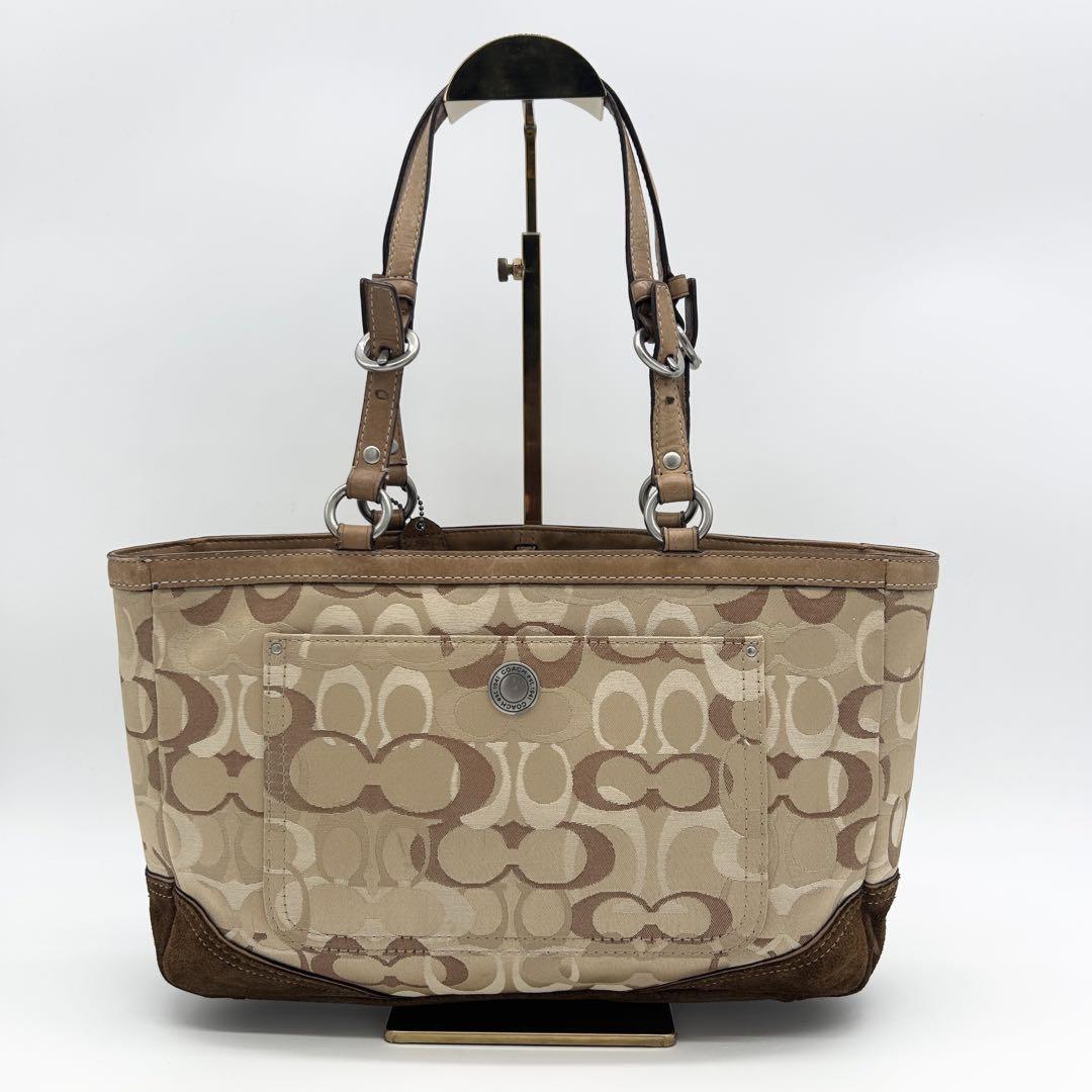 COACH Hand Bag Tote Purse Signature 10146 Canvas Suede Beige Brown Authentic