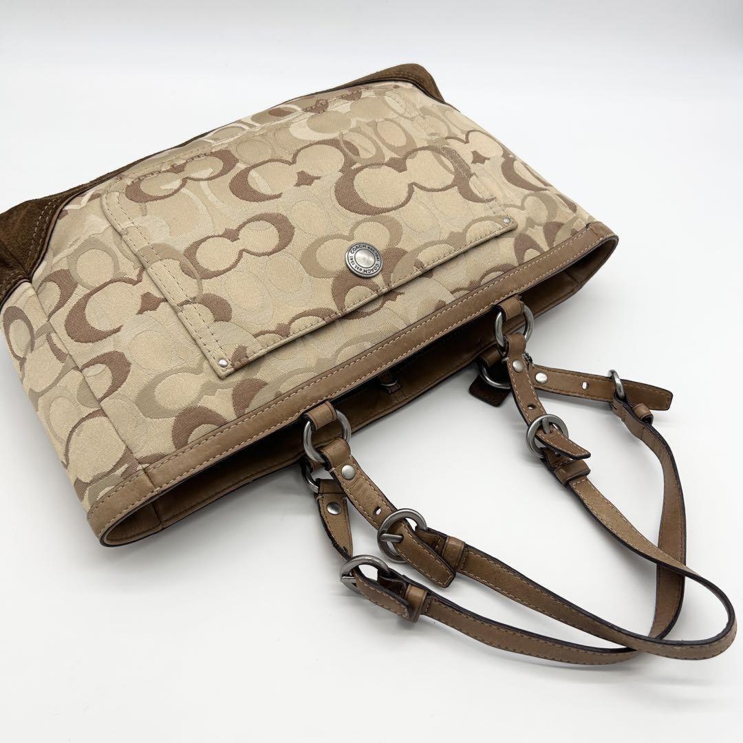 COACH Hand Bag Tote Purse Signature 10146 Canvas Suede Beige Brown Authentic