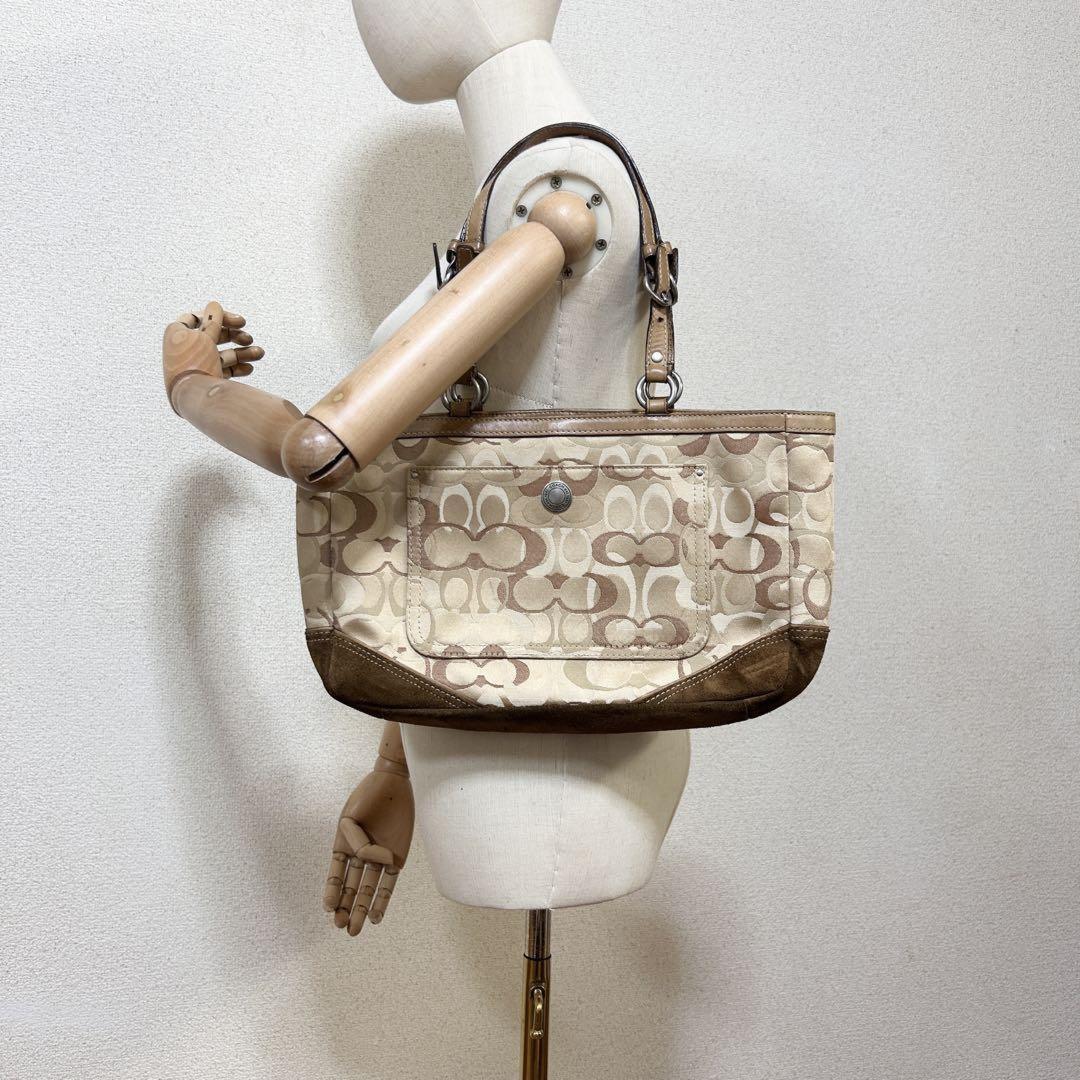 COACH Hand Bag Tote Purse Signature 10146 Canvas Suede Beige Brown Authentic