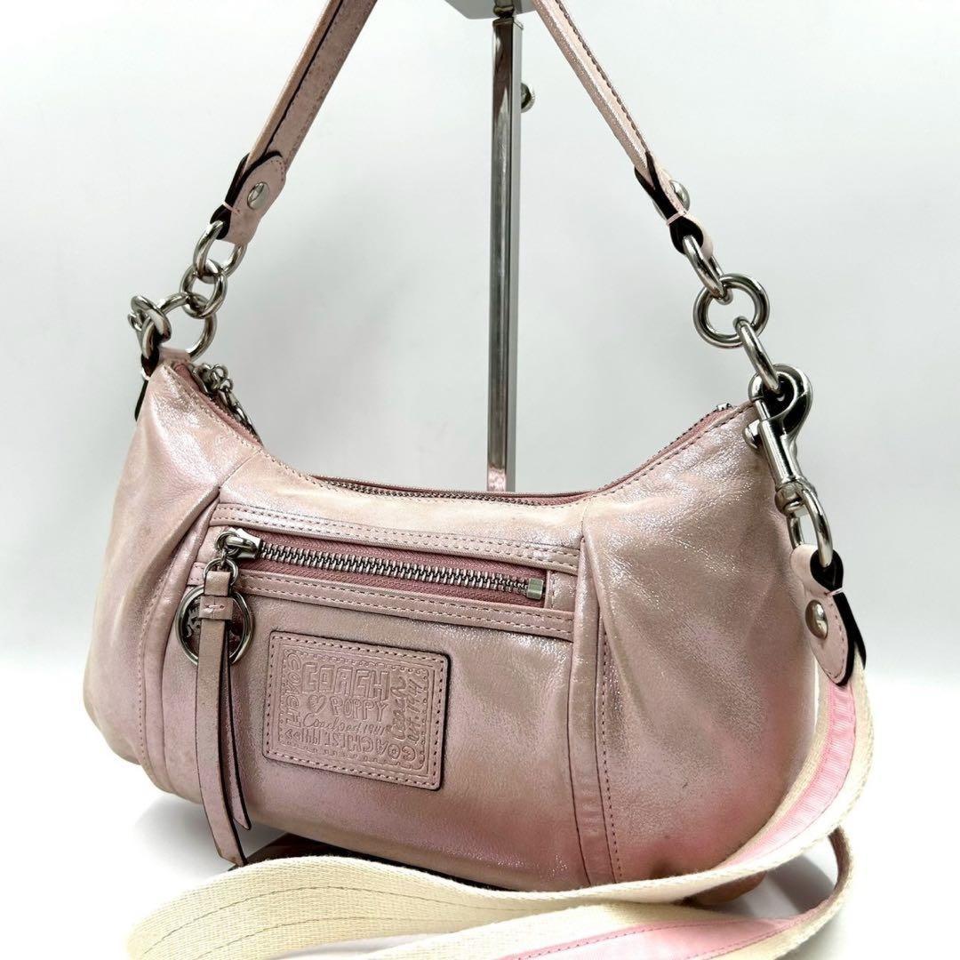 COACH Accessory Pouch Shoulder Bag Purse 2way poppy Leather Pink Authentic