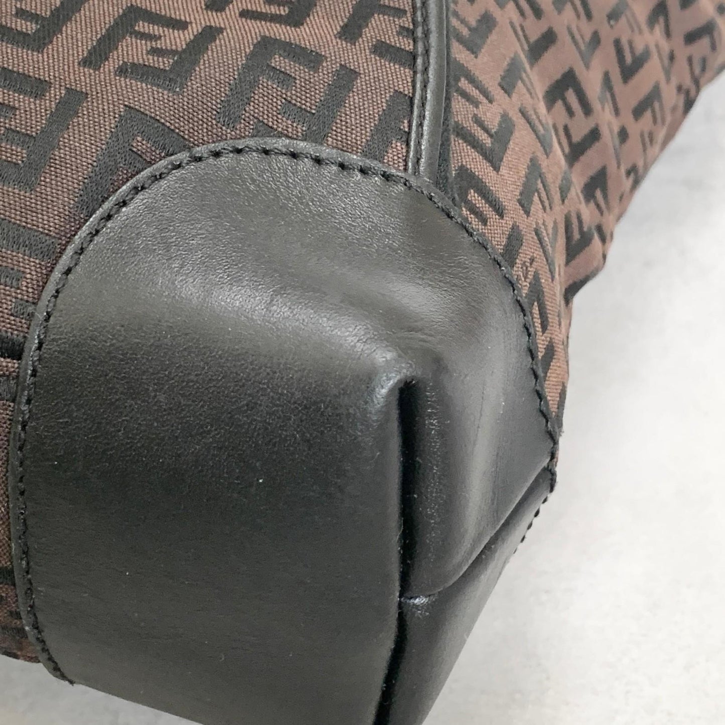 FENDI Handbag Purse Zucchino FF Logo Charm Tote Bag Canvas Leather Brown Auth