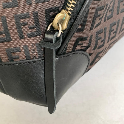 FENDI Handbag Purse Zucchino FF Logo Charm Tote Bag Canvas Leather Brown Auth
