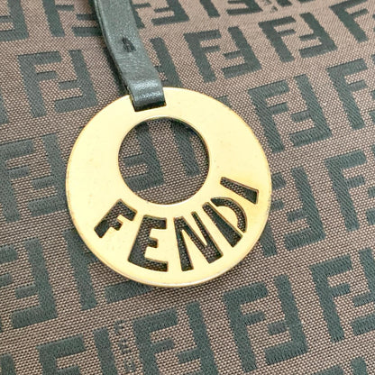FENDI Handbag Purse Zucchino FF Logo Charm Tote Bag Canvas Leather Brown Auth