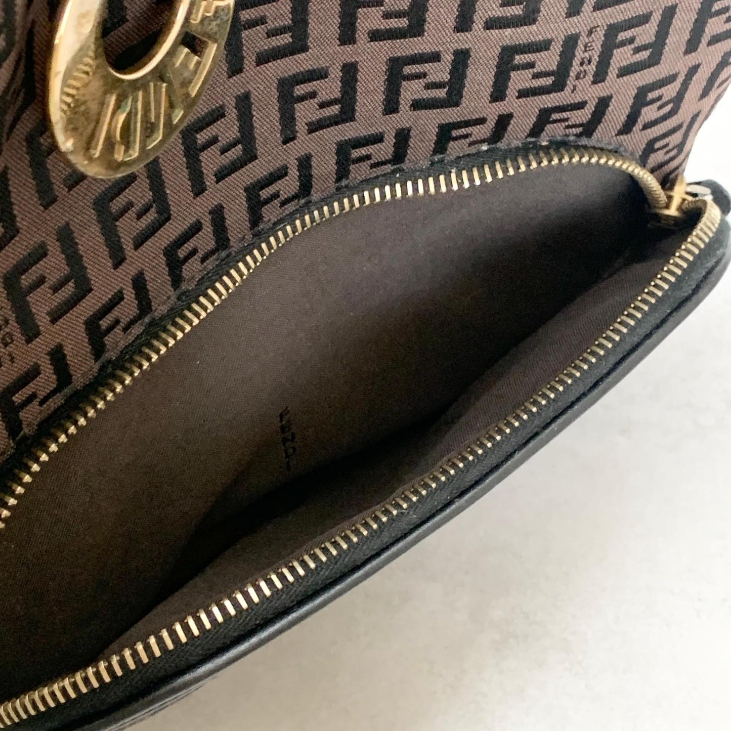 FENDI Handbag Purse Zucchino FF Logo Charm Tote Bag Canvas Leather Brown Auth