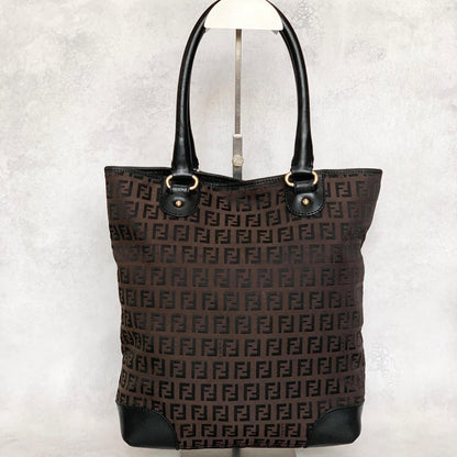 FENDI Handbag Purse Zucchino FF Logo Charm Tote Bag Canvas Leather Brown Auth