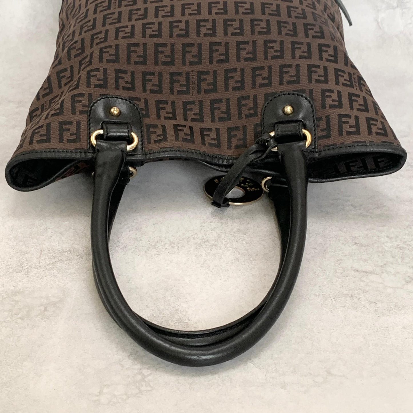 FENDI Handbag Purse Zucchino FF Logo Charm Tote Bag Canvas Leather Brown Auth