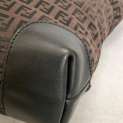 FENDI Handbag Purse Zucchino FF Logo Charm Tote Bag Canvas Leather Brown Auth