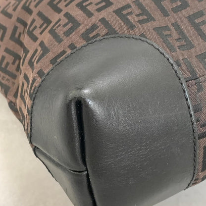 FENDI Handbag Purse Zucchino FF Logo Charm Tote Bag Canvas Leather Brown Auth