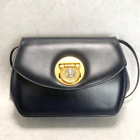 GIANNI VERSACE Shoulder Bag Purse Medusa Leather Dark Navy Women's Authentic