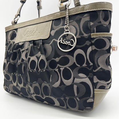 COACH Hand Bag Tote Purse Signature Canvas Black Gray Authentic
