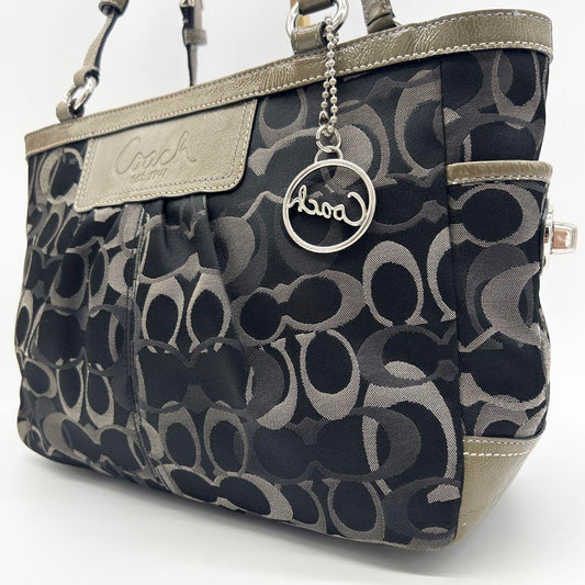 COACH Hand Bag Tote Purse Signature Canvas Black Gray Authentic