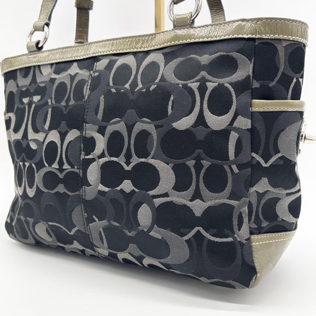 COACH Hand Bag Tote Purse Signature Canvas Black Gray Authentic