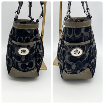 COACH Hand Bag Tote Purse Signature Canvas Black Gray Authentic