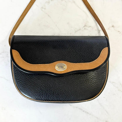Christian Dior Shoulder Bag Purse CD Women’s Black Beige Leather Used Vintage
