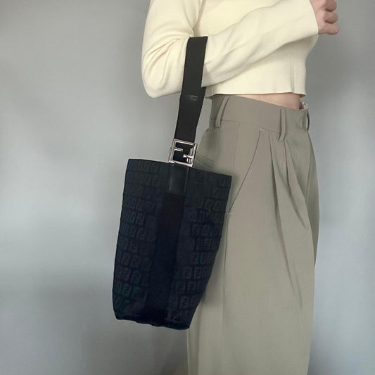 FENDI Shoulder Bag Handbag Purse Zucchino Canvas FF Black Silver Used Authentic