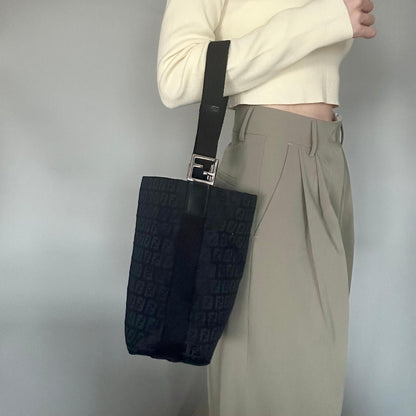FENDI Shoulder Bag Handbag Purse Zucchino Canvas FF Black Silver Used Authentic