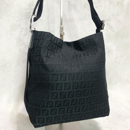 FENDI Shoulder Bag Handbag Purse Zucchino Canvas FF Black Silver Used Authentic
