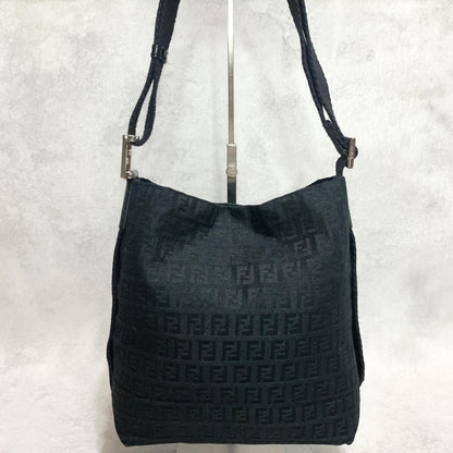 FENDI Shoulder Bag Handbag Purse Zucchino Canvas FF Black Silver Used Authentic