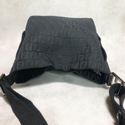 FENDI Shoulder Bag Handbag Purse Zucchino Canvas FF Black Silver Used Authentic