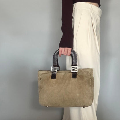 FENDI Handbag Tote Bag FF Purse Corduroy Beige Brown Silver Women's Used Auth